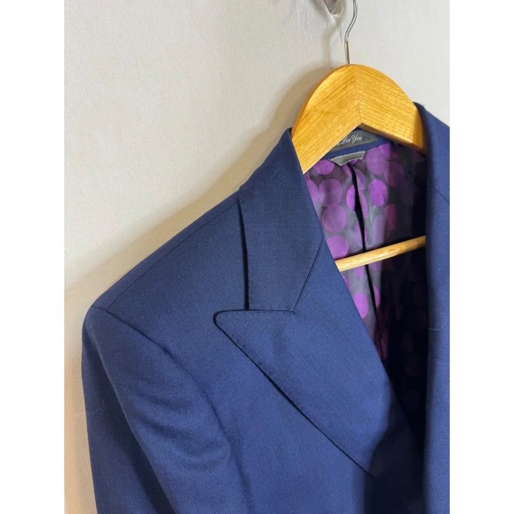 Indochino Mens 38S Short  100% Wool Blue Peak Lapel Blazer Purple Jacket